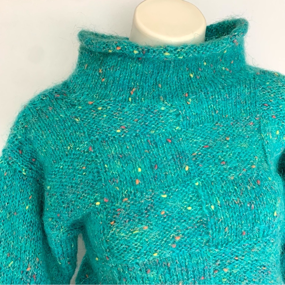 f u z z y :: Vintage Mohair Slouchy Turquoise Handmade Knit Sweater - Picture 2 of 14